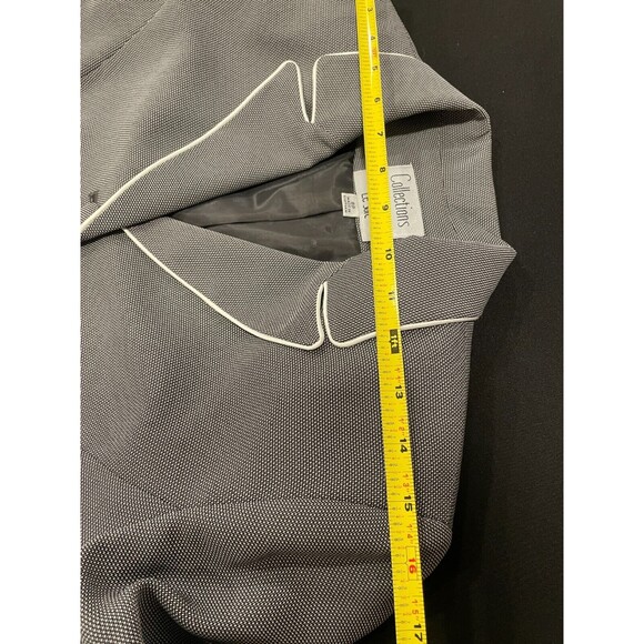 ~ Le Suit 2pc Skirt Suit 8p Black Print White Trim Work Notch Lapel Pencil Skirt - Picture 7 of 16